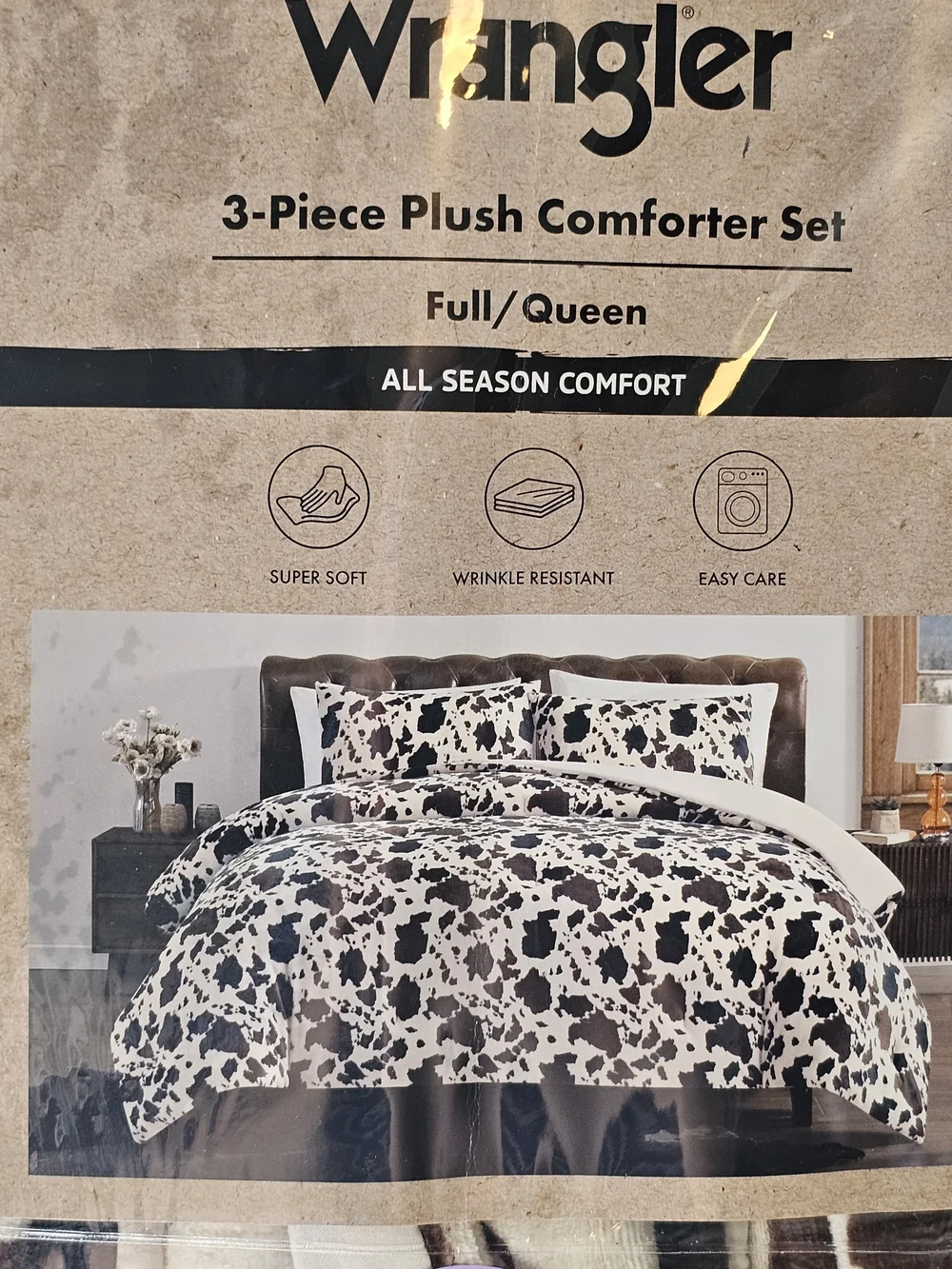 Wrangler Cowhide Print Plush Comforter Set in Cream and Brown Viral htf
